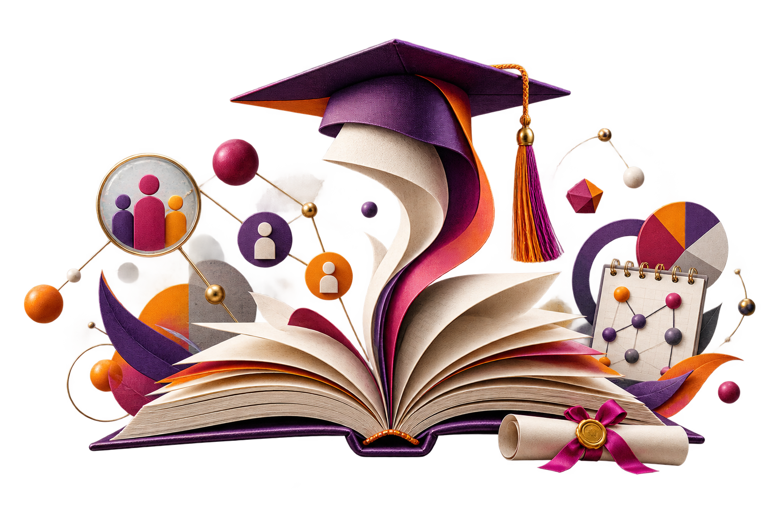 Books, diploma, and graduation cap emerging from a colorful glass vessel.
