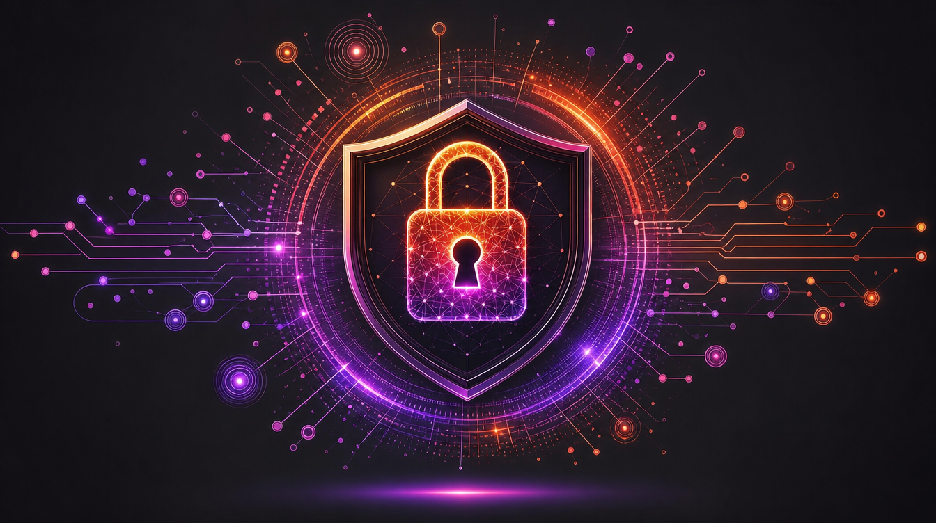 Digital padlock and shield surrounded by colorful data connections, representing online privacy and security.